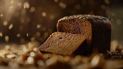 Sliced black cereal rye bread with seeds and bran, healthy food, vitamins and energy, microelements, fiber for the intestines