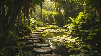 Peaceful Garden Scene: Stone Path Leading to a Lily Pad Covered Pond Surrounded by Lush Foliage