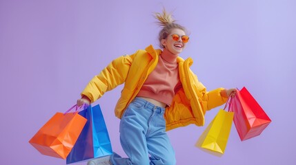 Happy woman shopper in sunglasses runing with colorful shopping bags at spring sale. Concept of sales, discounts, online shopping, shopaholism