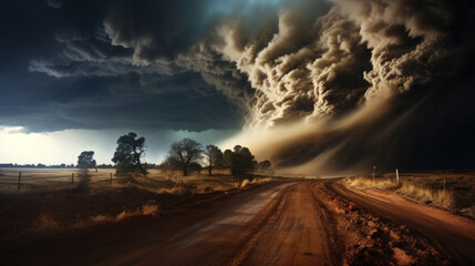 Raging tornado with black clouds in a dry dirt field.