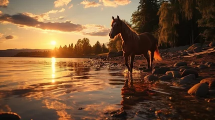 Foto op Canvas Silhouette of a horse on lake shore at sunset background. © tong2530