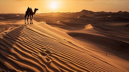 Fototapeta na wymiar A Tranquil Scene of a Camel Silhouetted Against the Golden Glow of a Desert Sunset, Walking on Wind-Eroded Sand Dunes, Reflecting the Majestic Beauty of Nature