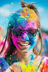 Portrait of happy lady wearing sunglasses covered by colorful powder. Concept of Holi festival in India.

