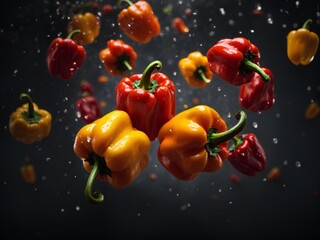 Fresh green yellow red bell peppers, cinematic food photography, studio lighting and background 