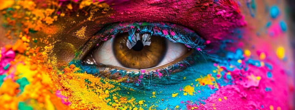 Female face covered by colorful powder. Banner with close up female eye. Concept of Holi festival in India. © Alexey