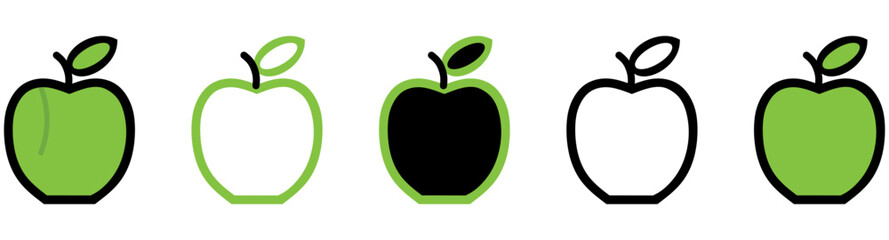 Green apples icons set, whole and halves of fresh, juicy, ripe fruits.