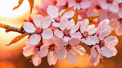Cherry blossom at sunset. Beautiful spring background. Soft focus.