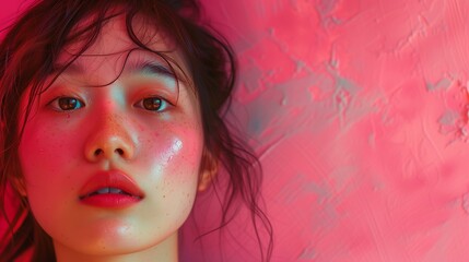 Youthful Woman with Glowing Skin and Pink Backdrop