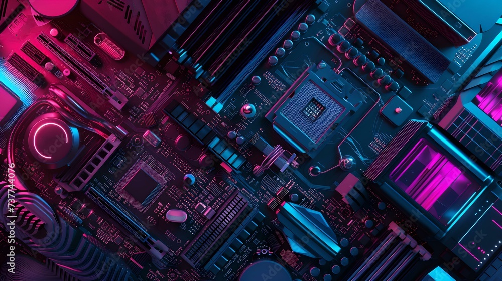 Poster futuristic computer motherboard with neon lighting. high-tech circuitry and data processing. perfect