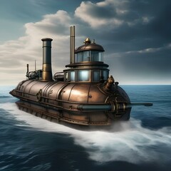 Steampunk submarine, Submersible vessel navigating the depths of the ocean with steam-powered engines4 - obrazy, fototapety, plakaty