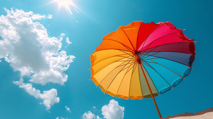 Vibrant Multi-Colored Umbrella Against a Clear Blue Sky with Sunlight: A Symbol of Joy and Brightness