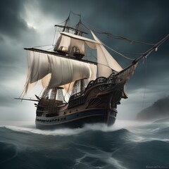 Haunted pirate ship, Ghostly pirate ship sailing through stormy seas with tattered sails and ghostly crew3 - obrazy, fototapety, plakaty