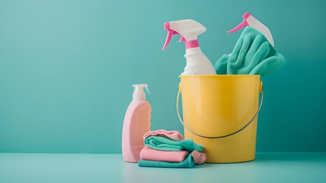 Colorful cleaning supplies in bucket on turquoise backdrop. home hygiene essentials, minimalist style, stock photography concept. AI