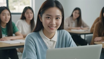 Asian university student studying in school, having a lesson, lecture. using laptop. Female, young woman, girl. 