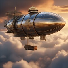 Fantasy airship, Magnificent airship soaring through the clouds with billowing sails and ornate steam-powered engines3 - obrazy, fototapety, plakaty