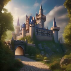 Enchanted castle, Enormous castle surrounded by a magical barrier with towering spires and hidden secrets4 - obrazy, fototapety, plakaty