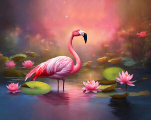 A pink flamingo in water surrounded by pink lily flowers.	