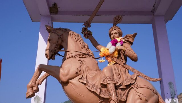 Statue of Teelu Rauteli: 17th Century Garhwali Rajput Warrior Riding Horse with Weapons, Gurrad Talla, Chaundkot, Pauri Garhwal, Uttarakhand