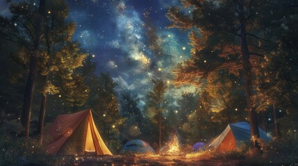 Summer forest scene with family enjoying camping, colorful tents, and a campfire under the stars - obrazy, fototapety, plakaty