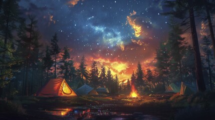 Family camping under the stars, colorful tents and a campfire in a summer forest