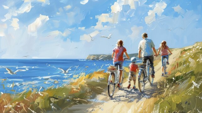 Family biking on a coastal path, summer sea breeze and bright skies