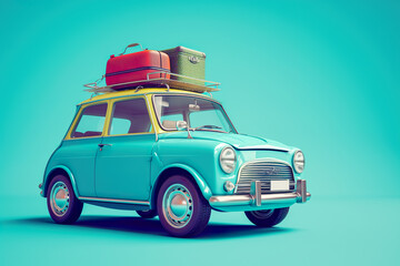 Funny retro car with suitcases isolated on green background