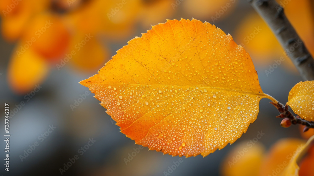 Poster closeup of a aspen leaf showcasing its shimmering texture and unique fluttering sound as it dances i