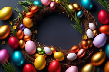 Decorative Easter wreath with bright eggs