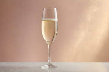 A champagne glass awaiting a celebratory toast, crystal clarity, simplistic elegance, on a soft-focused, single-color background, hues of gentle pastels. Generative AI