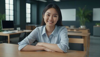 Professional, confident Asian business woman in office meeting room
