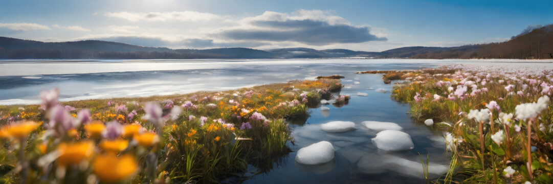 3:1 Background By Winter Lake Freezes, With Slowly Blooming Spring Flowers. Presenting The Transition From Winter To Spring.travel Promotion, Winter-spring Season Products, Seasonal Change, Website.