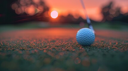 Golf ball on green grass ready to be shot at golf course with sunset background, ai generative