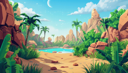 Game Asset, Tropical Oasis in a Desert Canyon with Palm Trees and Moonlight