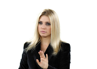 beautiful blonde woman in black coat with several different facial expressions