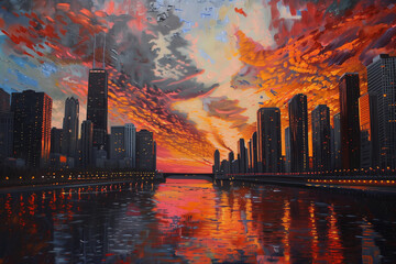 Oil paint background - Sunset Skyline