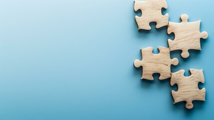 Four wooden puzzle pieces on a blue background. concept of teamwork and strategy. simple and clean design for business solutions. AI