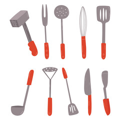 Set of kitchen accessories, Spatula, Skimmer, Ladle, Potato masher and Double sided hammer. Kitchen utensils set.