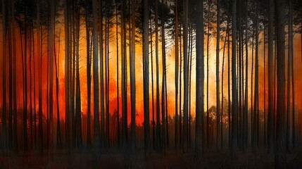 Enigmatic forest at sunset, vibrant sky colors filter through trees. abstract nature background illustration, contemporary digital art. AI