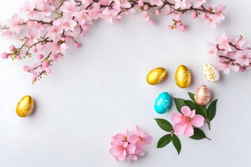 Easter eggs and pink flowers on small tree on white background