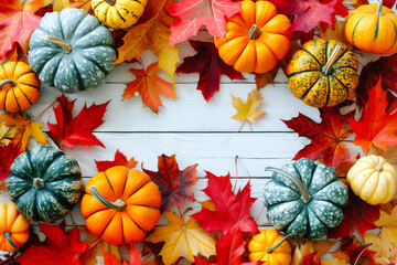 Seasonal autumn background with pumpkins and leaves, capturing the essence of fall and festive decorations