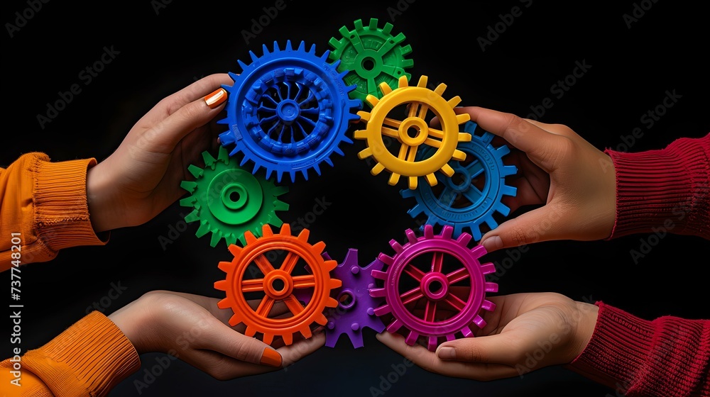Aufkleber team collaboration and innovation concept with colorful gears. hands holding interlocking cogs. crea