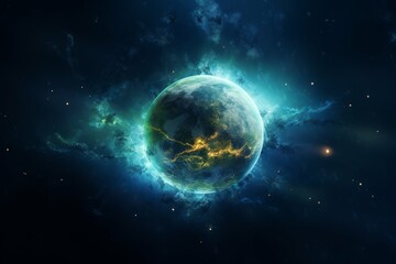 Obraz premium Digital art of a fantasy planet with glowing network patterns.