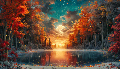 Fantasy night landscape with a bright moon and stars, blending natural beauty with imaginative elements in a serene setting