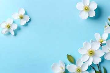 Spring border background with white blossom on soft light blue background