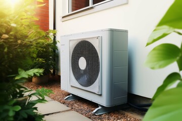 Efficient modern air conditioning unit installed outside a home. - obrazy, fototapety, plakaty