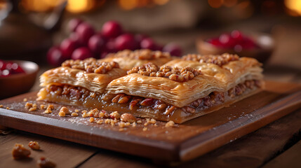 Fototapeta na wymiar close up of Baklava on a wooden tray, Food Photography