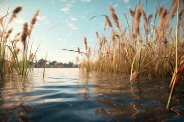 Serene water landscape with reed plants against a cloudy sky. - obrazy, fototapety, plakaty