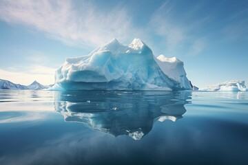Large iceberg floating in serene arctic ocean waters.