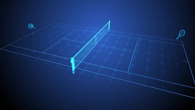 High tech holographic 3D animation of tennis game. Futuristic rackets hit the ball back and forth across hologram tennis court. Sci-fi HUD view with seamless loop of virtual reality sport game