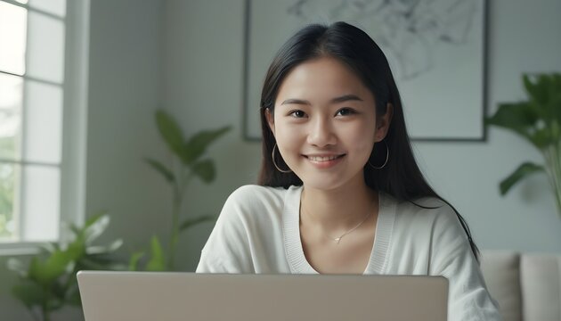 Young Asian woman using laptop, desktop, computer at home, office.
